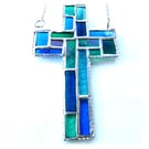 Cross Suncatcher Stained Glass Patchwork Green Teal Handmade 