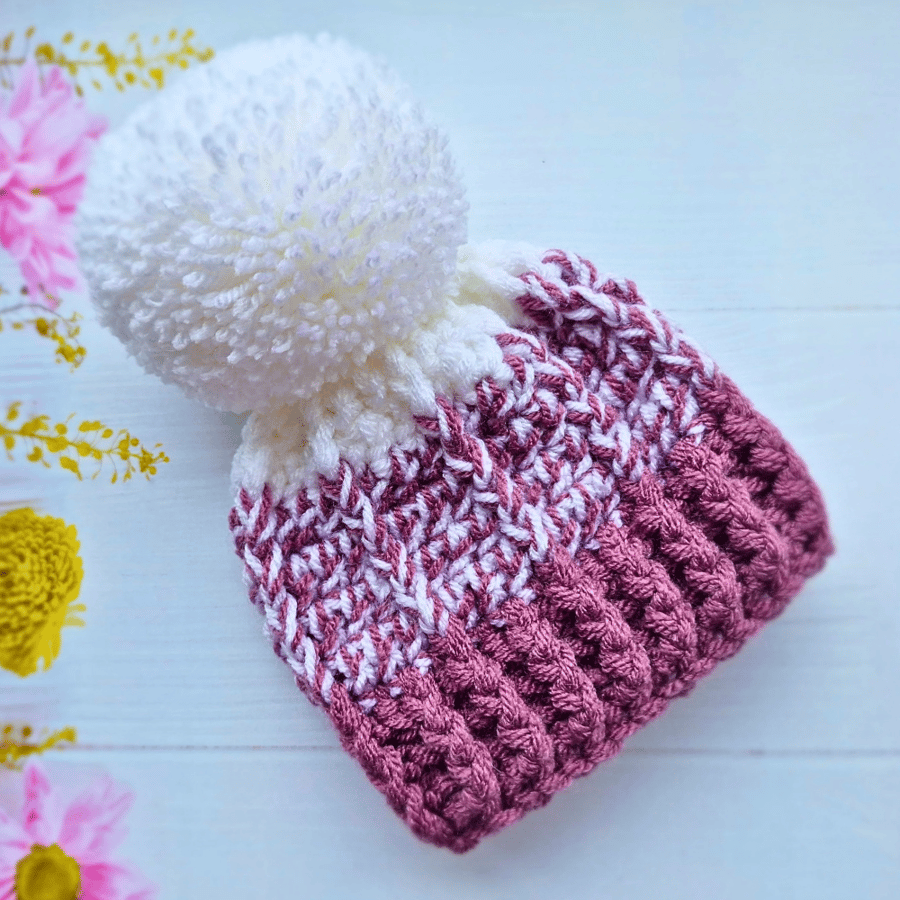 Oversized Newborn Pom-Pom Ombre Beanie - Purple and White Hat - CLEARANCE 