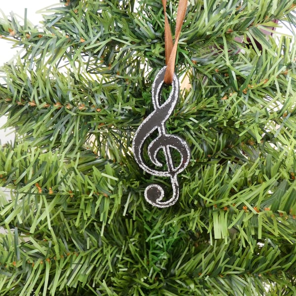 Unique Wooden Black Treble Clef with Silver Glitter Christmas Tree Decoration