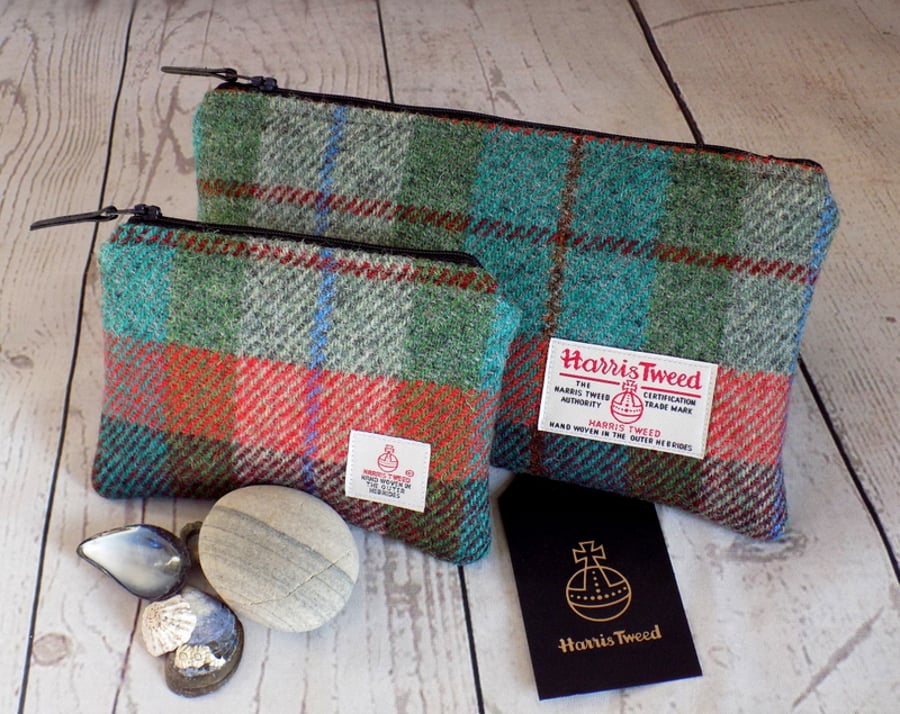 Harris Tweed gift set. Clutch and coin purse in turquoise, burgundy and orange