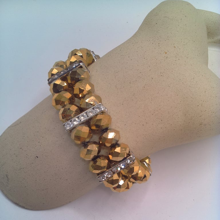 2 Strand Stretch Bracelet with Gold Crystals and Diamante Spacers, Gift for Her