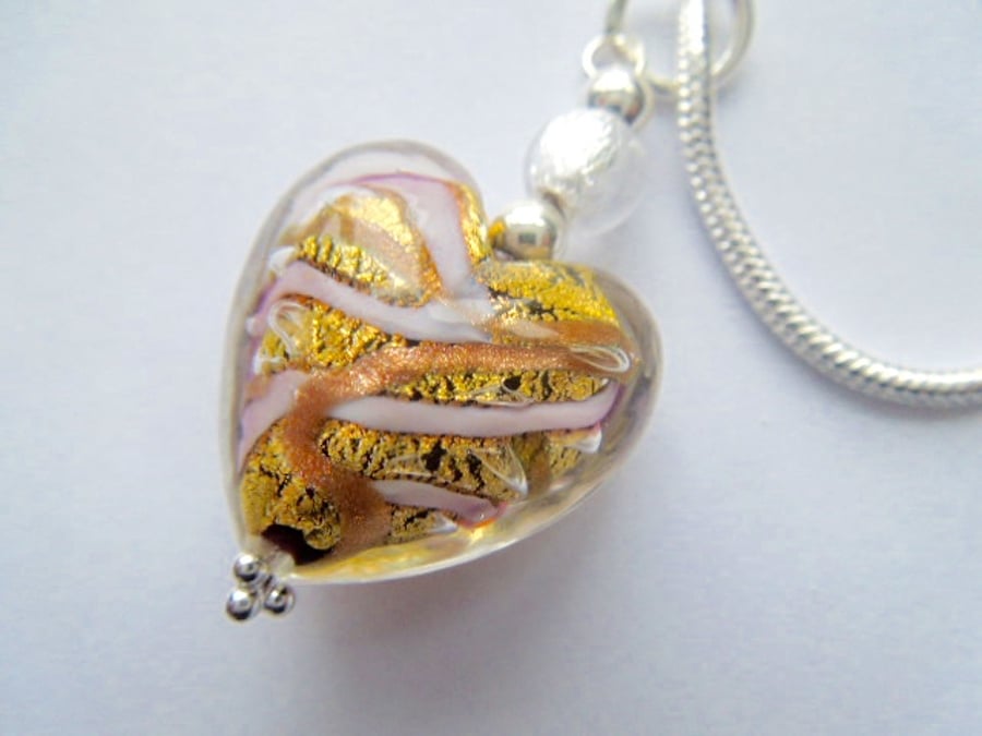 Murano glass silver and gold heart pendant with sterling silver.