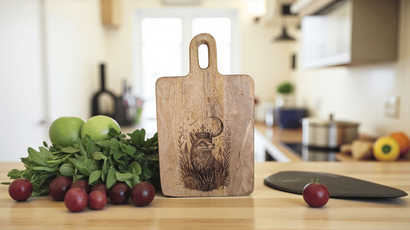 Mango Wood Board – Mystical Crowned Fox with Moon Design