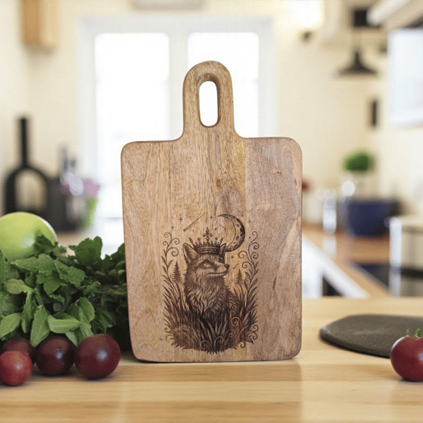 Mango Wood Board – Mystical Crowned Fox with Moon Design