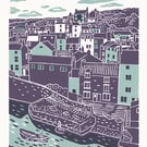 Staithes A3 poster-print (dark mauve and light blue)