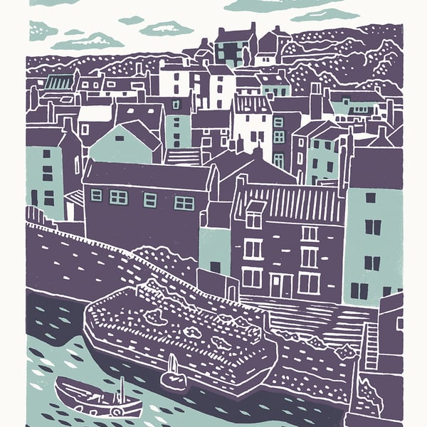 Staithes A3 poster-print (dark mauve and light blue)