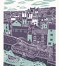 Staithes A3 poster-print (dark mauve and light blue)
