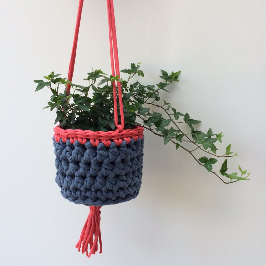Crochet hanging plant pot - coral pink and denim blue
