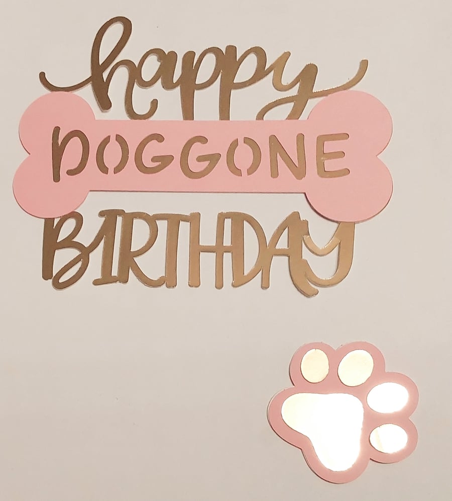 Dog puppy cake topper made from card pink gold 