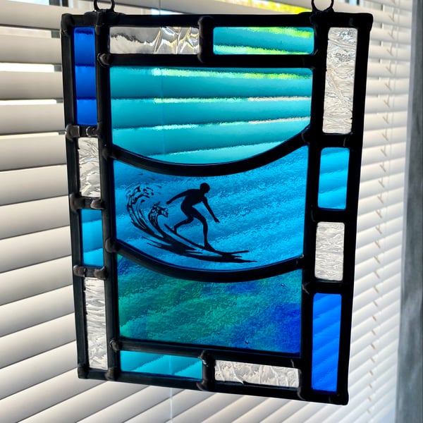 Waves and surfer stained glass hanging panel, window panel, home decor