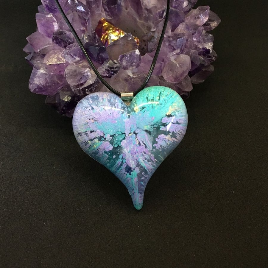 Puffy heart pastel green and lilac large statement heart necklace.