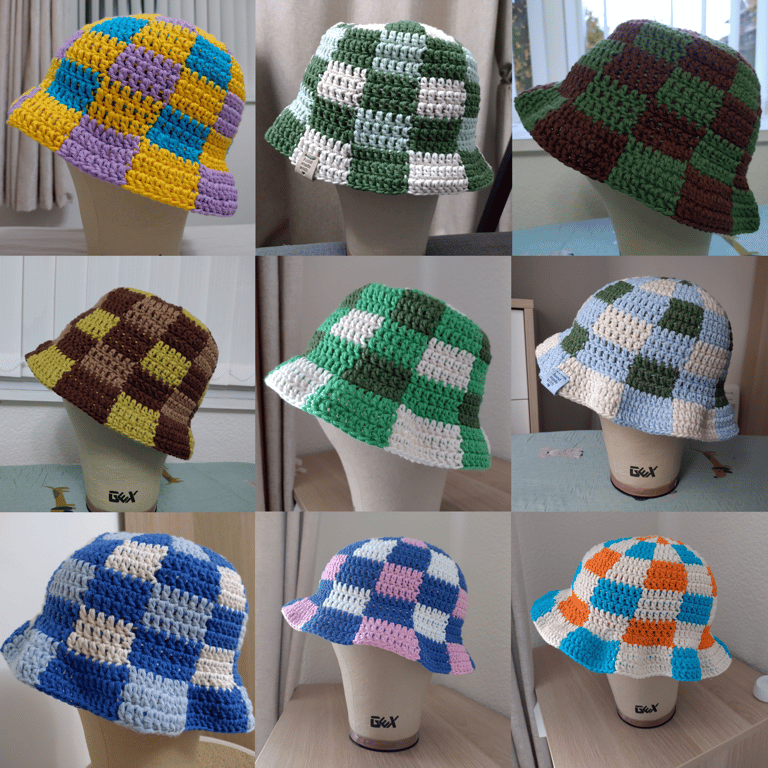 Custom Crochet Checkered Bucket Hat - 100% cotton - 28 colours - All sizes