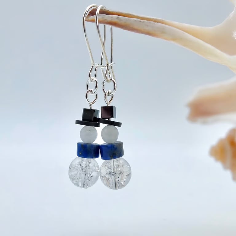 Snowman Gemstone & Silver Plate Earrings, Christmas Jewellery, Stocking Fillers