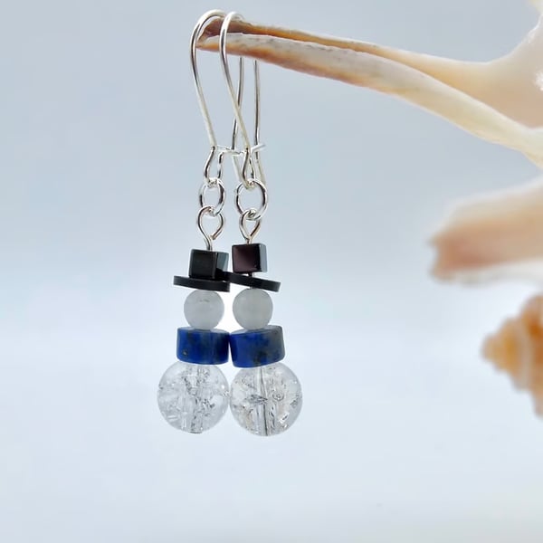 Snowman Gemstone & Silver Plate Earrings, Christmas Jewellery, Stocking Fillers