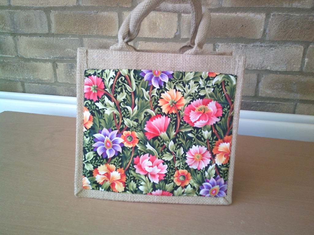 Small Jute Bag with Brightly Coloured Flower Pocket