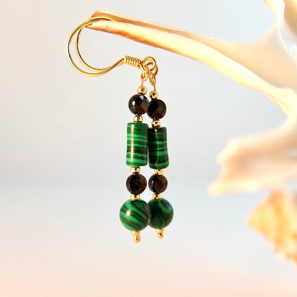 Malachite And Black Spinel Earrings With Gold Vermeil - Handmade In Devon