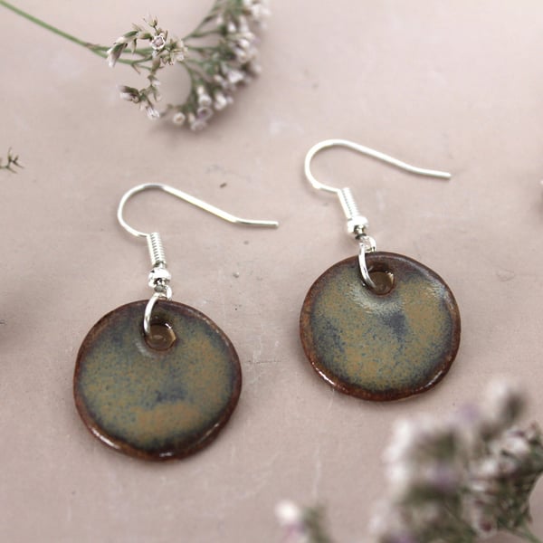 Handmade foraged clay ceramic earth tone glazed Bristol earrings.