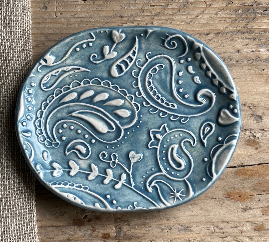 Handmade Oval Pottery Paisley Pastel Trinket Dish, Soap Dish