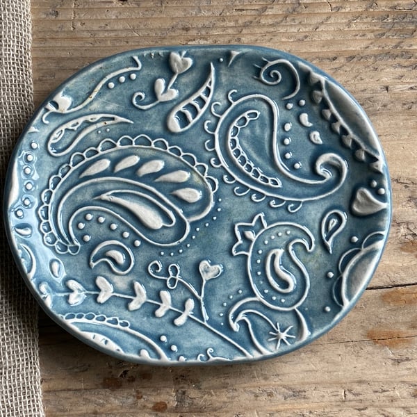 Handmade Oval Pottery Paisley Pastel Trinket Dish, Soap Dish