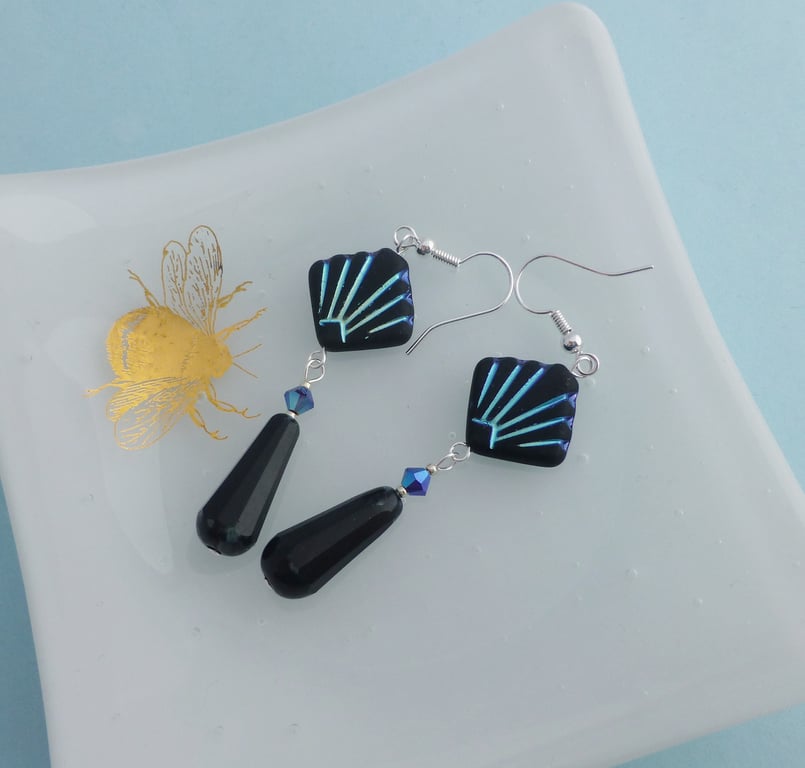 Art Deco Inspired Long Black and Metallic Blue Dangle Earrings