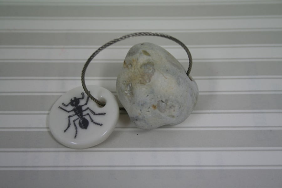 Pebble keyring with an ant image
