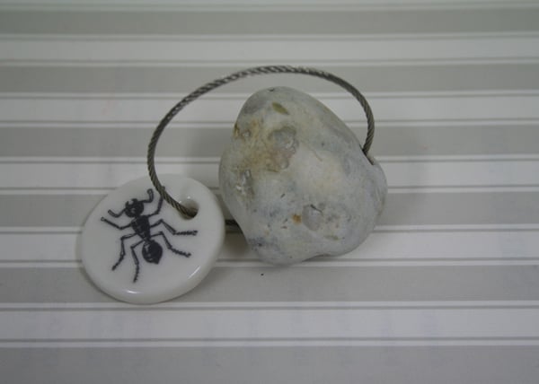 Pebble keyring with an ant image