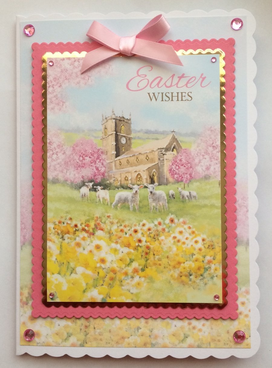 3D Luxury Handmade Card Easter Wishes Church Lambs and Daffodils