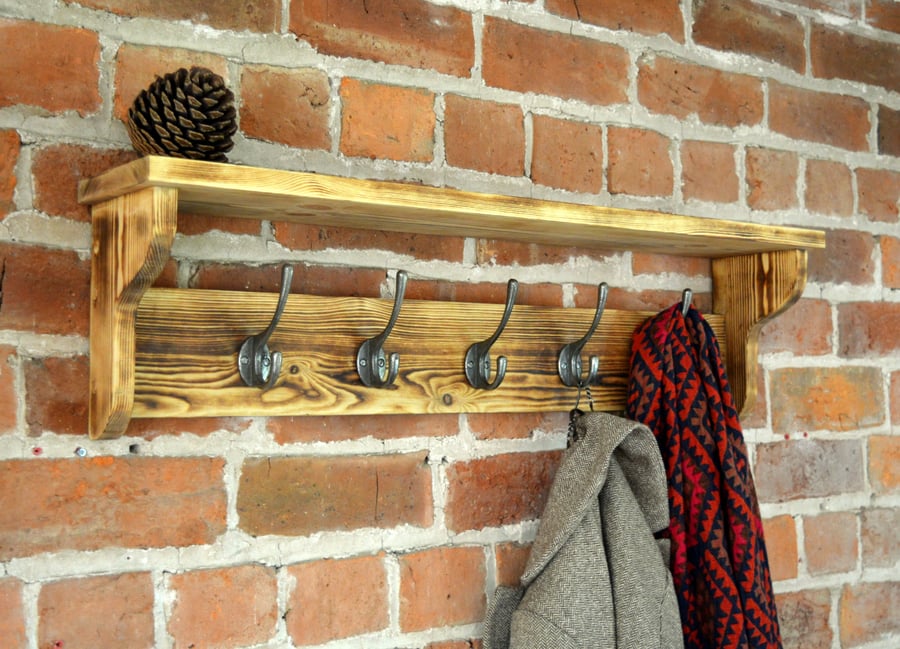 Coat rack with shelf and cast iron hooks - Handmade in Wales