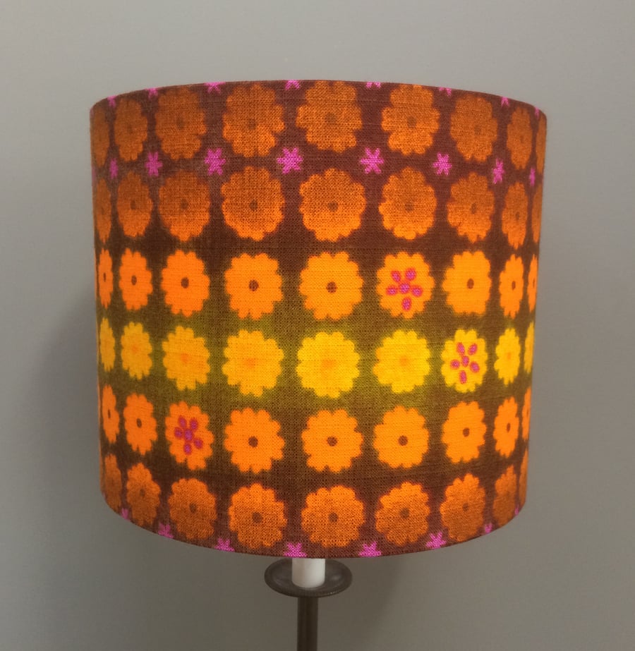 Funky Retro Buttercup Yellow Brown Pink 60s 70s  VIntage fabric Lampshade 