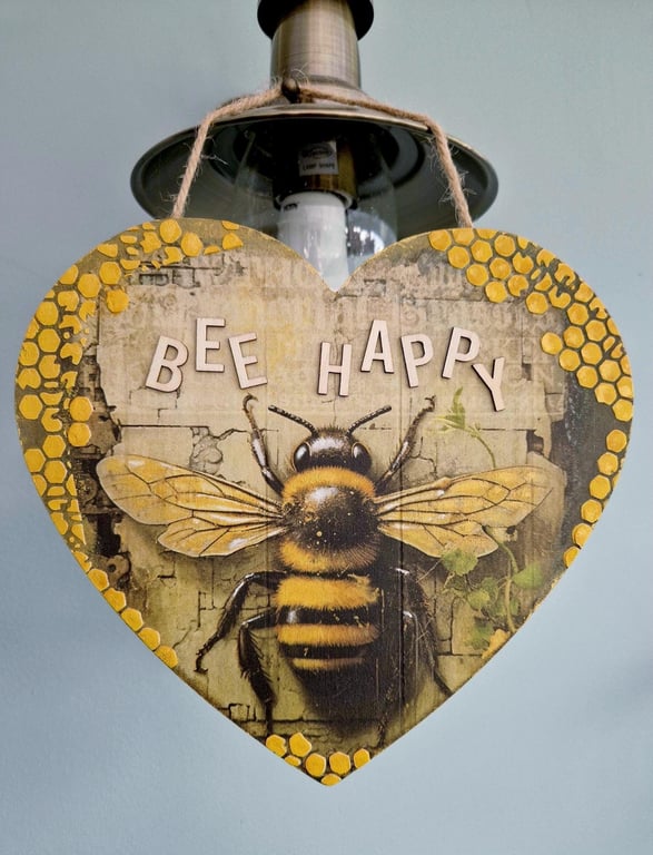 Handmade Bee Happy Heart Sign, Decoupage Wall Decor