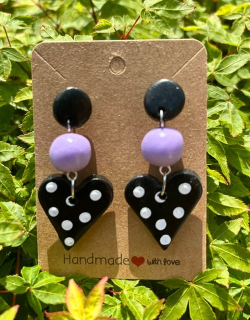 Cute Black and Lavender Heart Polka Dot Drop Earrings