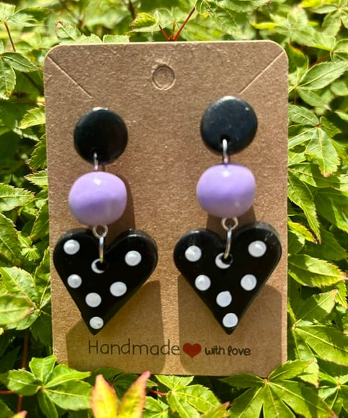 Cute Black and Lavender Heart Polka Dot Drop Earrings