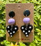 Cute Black and Lavender Heart Polka Dot Drop Earrings
