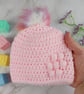 Pink Crochet Baby Hat Newborn to 3 Months with Bobble Flower and Rainbow Pom - Image 2