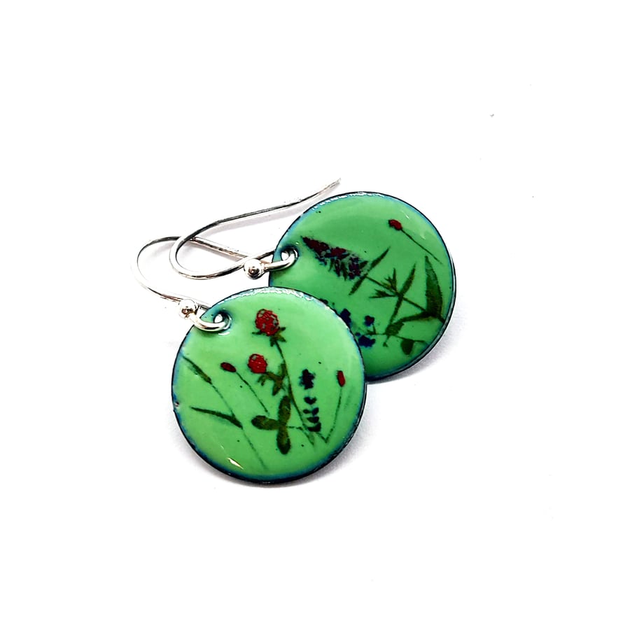 Green enamel Wild Flowers round drop earrings