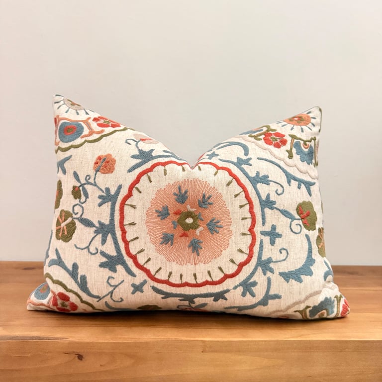 Embroidered Floral Linen Lumbar Cushion Cover