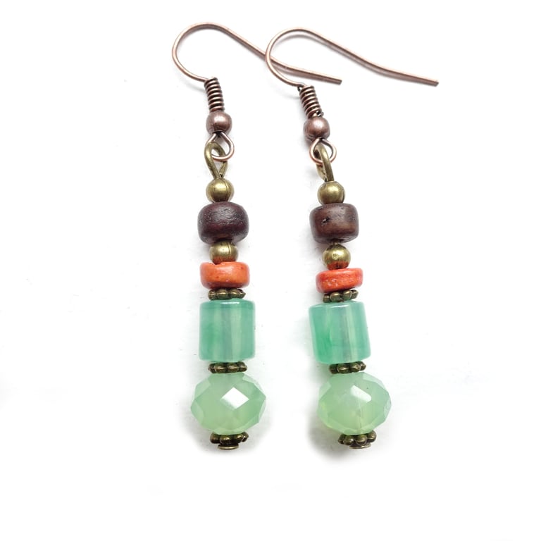 Green Orange and Brown Bead Dangle Drop African Inspired Earth Colour Earrings 