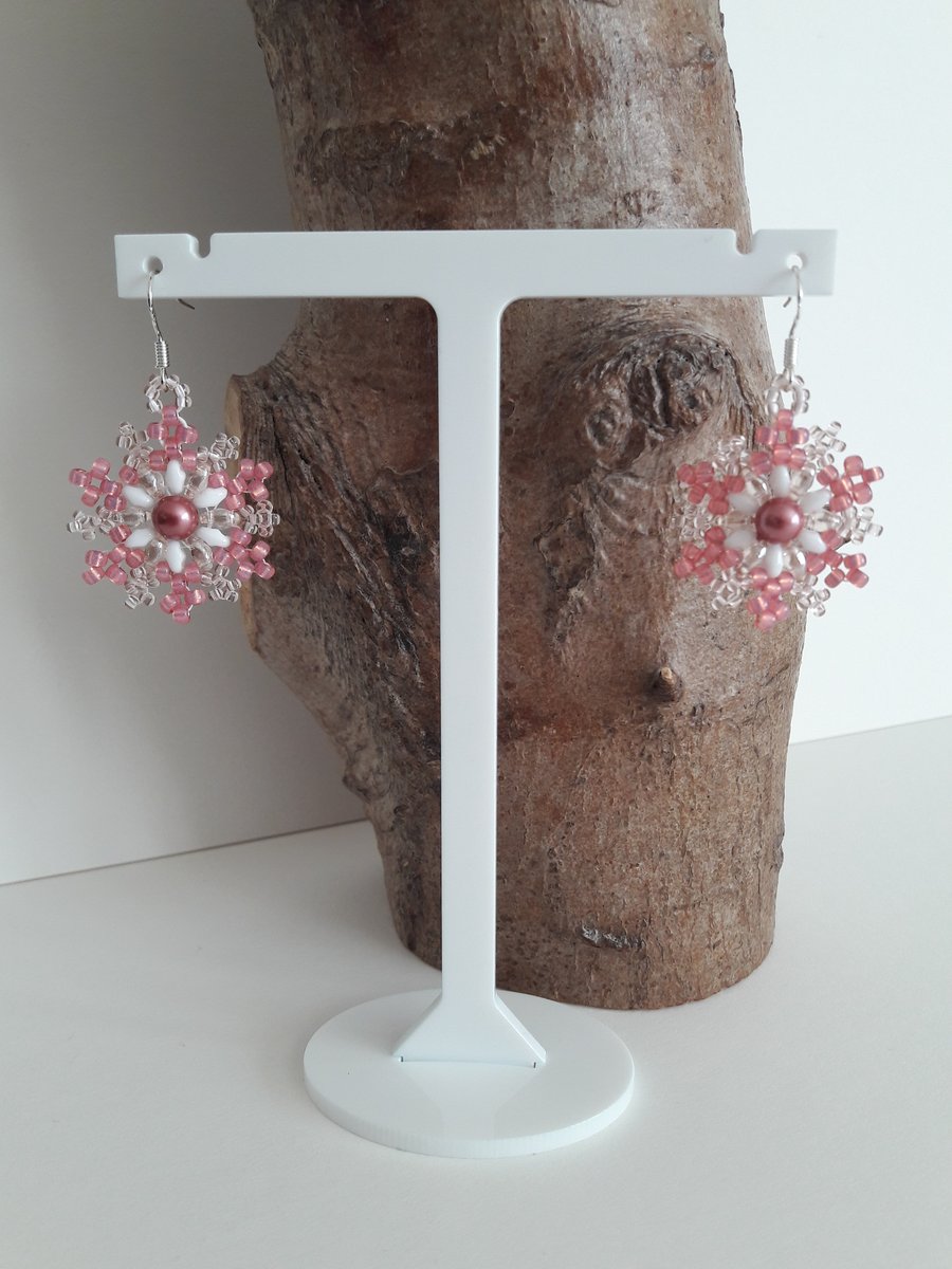 Blush Pink Lace 925 Earrings. Sterling Silver, Bespoke, Hand Sown, Hand Beaded