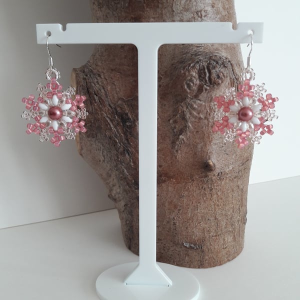 Blush Pink Lace 925 Earrings. Sterling Silver, Bespoke, Hand Sown, Hand Beaded