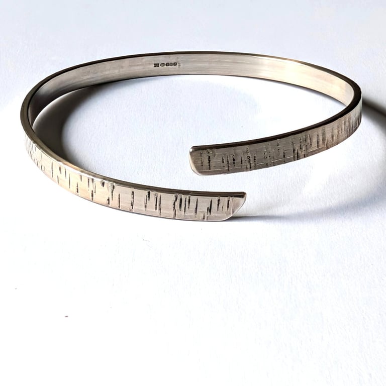 Sterling Silver  Open Bangle, bark pattern