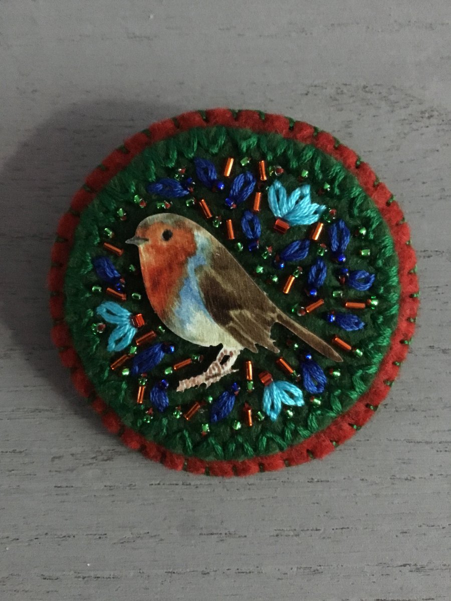 Hand Embroidered Christmas Robin Brooch 