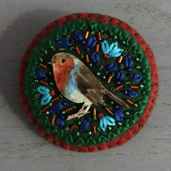 Hand Embroidered Christmas Robin Brooch 