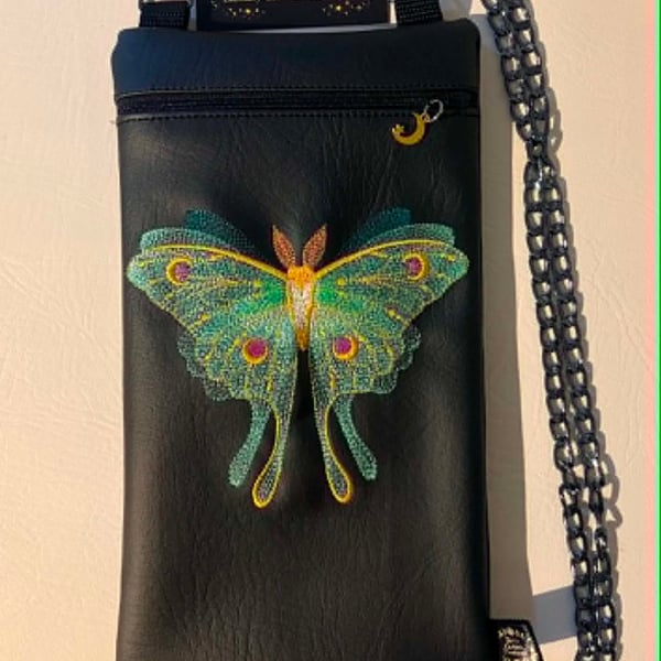Luna in Flight – Embroidered Moth Crossbody Bag