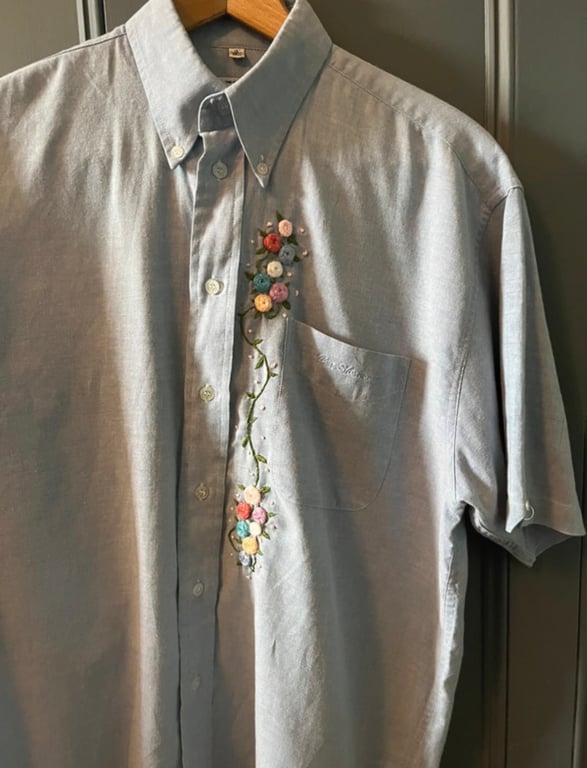 Hand-Embroidered Blue Ben Sherman Short-Sleeve Shirt