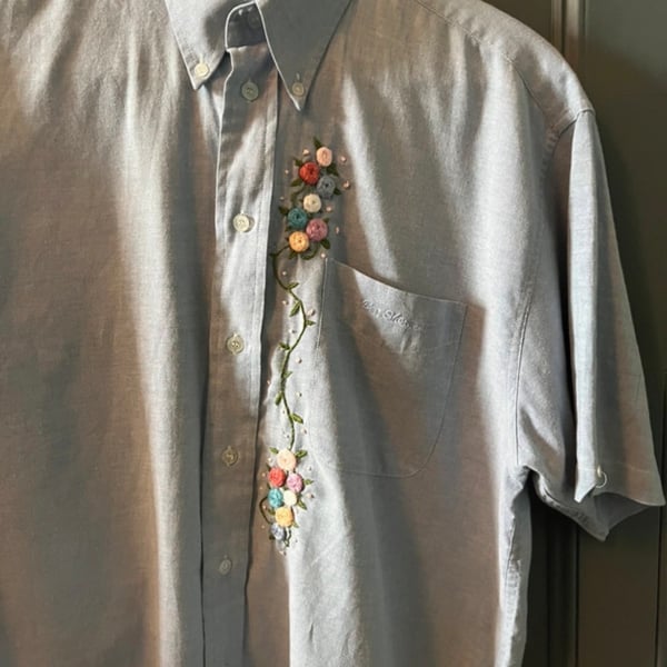 Hand-Embroidered Blue Ben Sherman Short-Sleeve Shirt