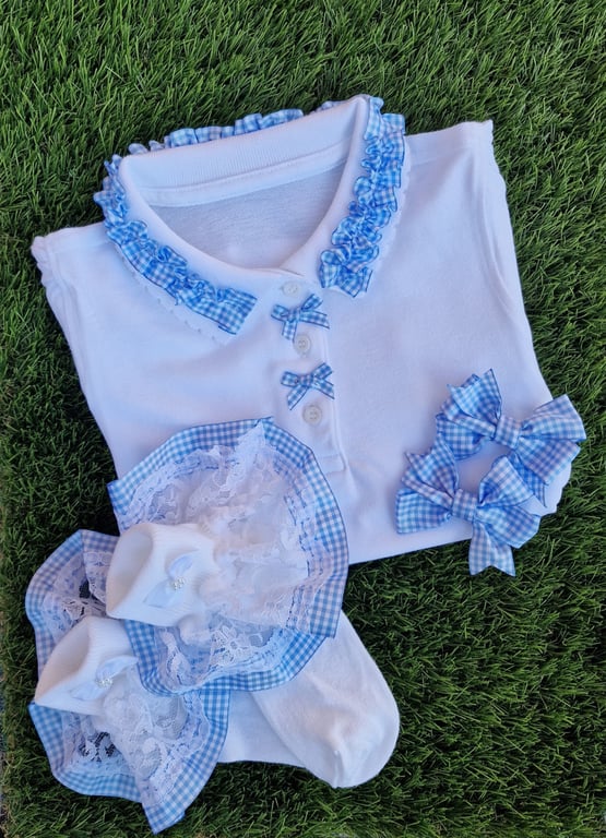 Sophia's Personalised Handmade 4-Piece School Sets -Baby Blue & White