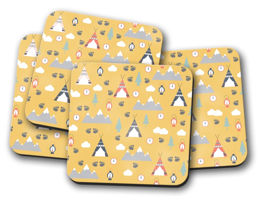 Set of 4 Yellow Camping Theme Design Coasters