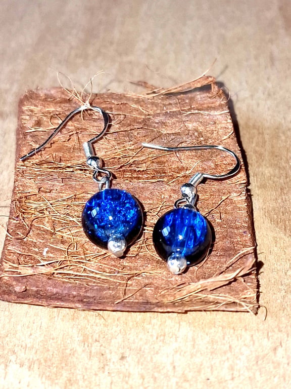 Blue Crackle Glass & Silver Drop Earrings - Boho Jewellery