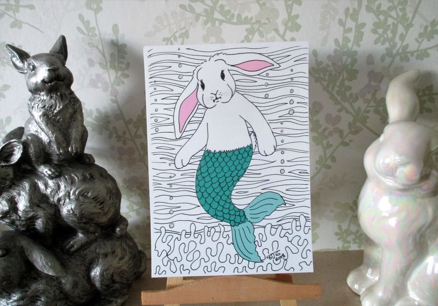 A5 Print of Bunny Rabbit Mermaid Merbunny Art Picture Limited Edition