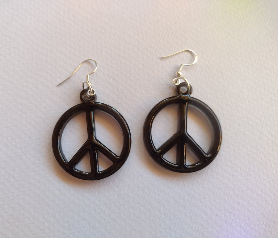 Black 'Peace' Earrings Handmade With Resin. 925 Silver Hooks.